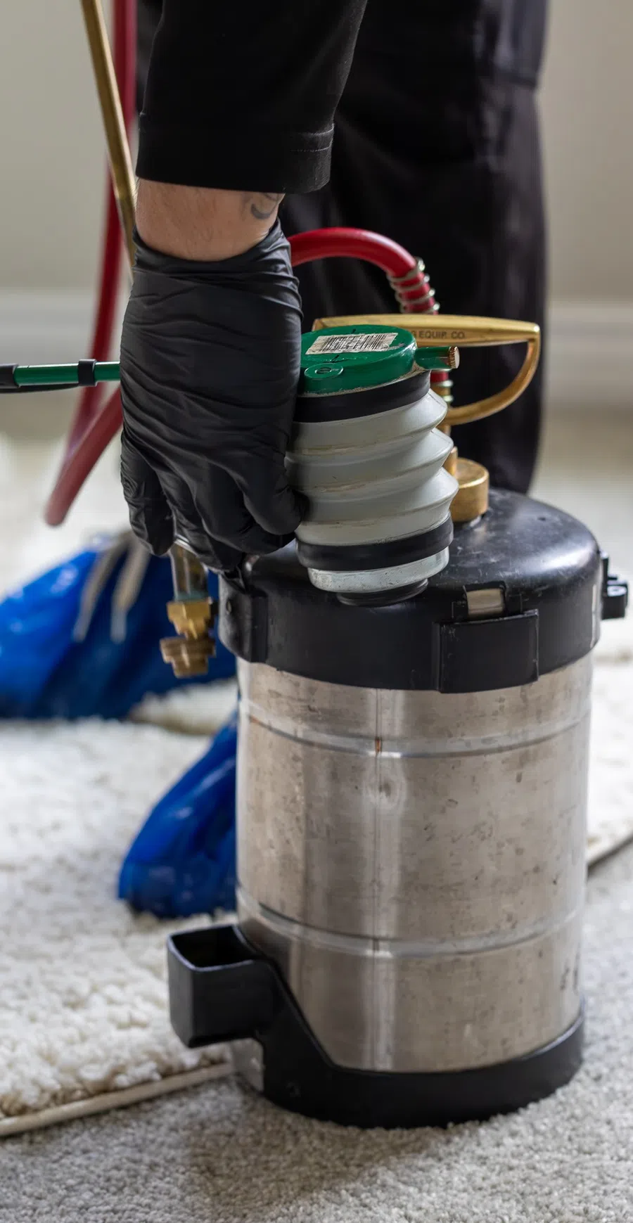 Professional wearing black gloves using carpet cleaning equipment on beige carpet in a home setting