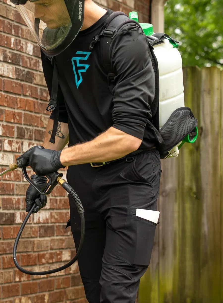 Pest control worker in protective gear spraying insecticide on a brick wall outdoors near wooden fence.