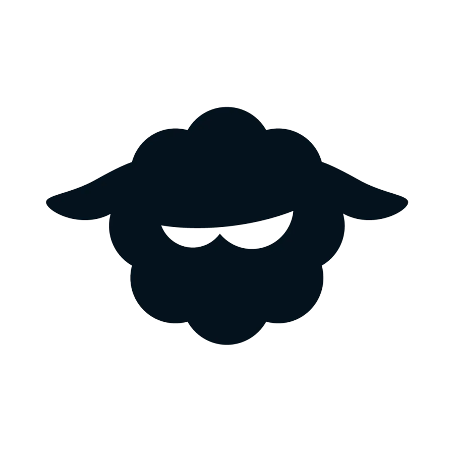 Minimalist black silhouette of a sheep's head with closed eyes and fluffy wool shape.