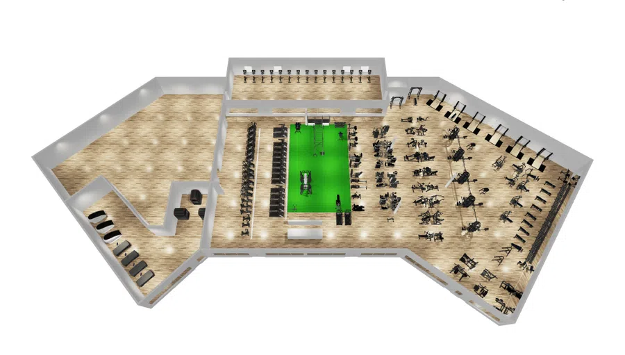3D gym floor plan with workout zones including cardio machines, free weights, and functional training areas on wood flooring.