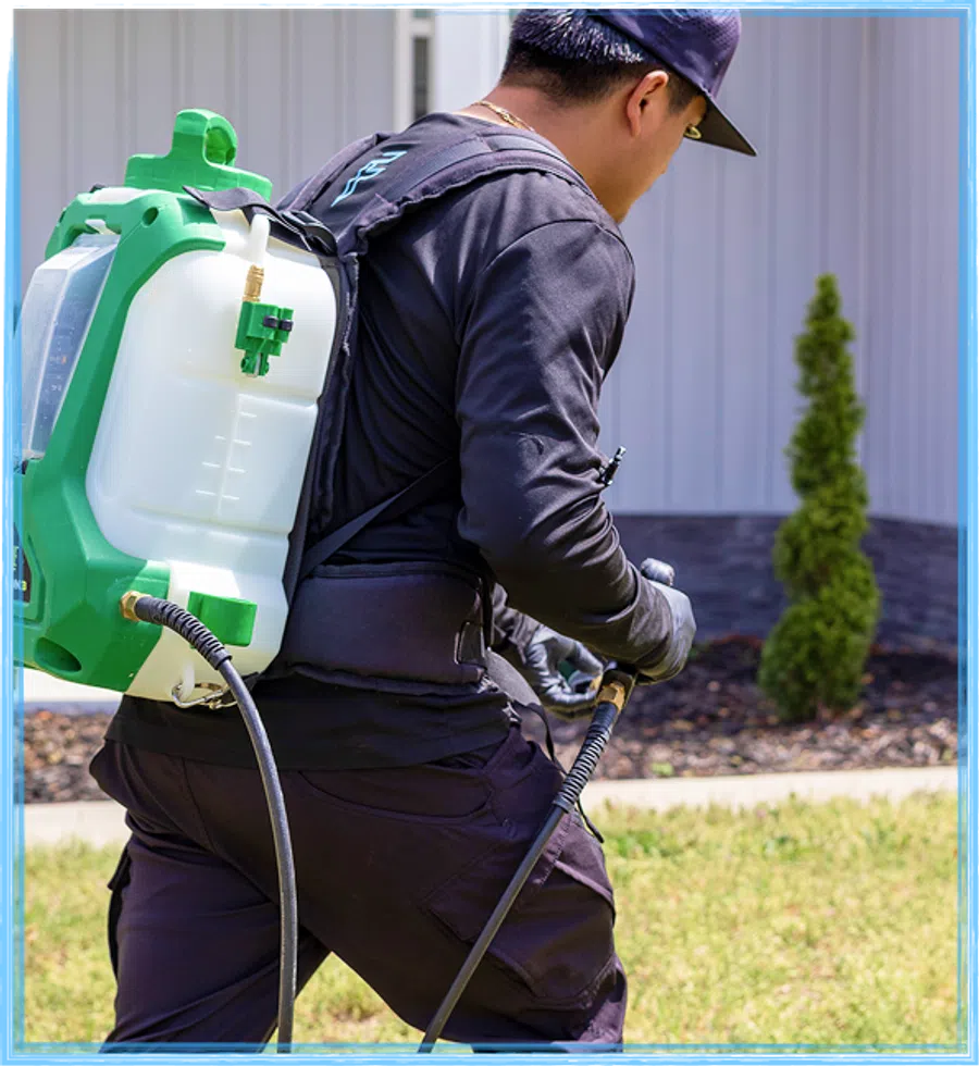 Man wearing backpack sprayer applying pesticide or herbicide in a lawn near a building exterior.
