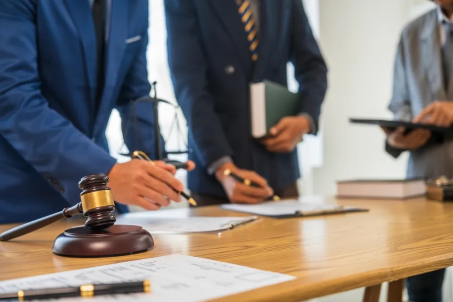 Lawyers in suits discussing legal documents with gavel and scales of justice on wooden table