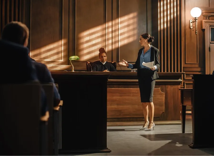 Female lawyer presenting evidence to judge in a courtroom with audience watching attentively.