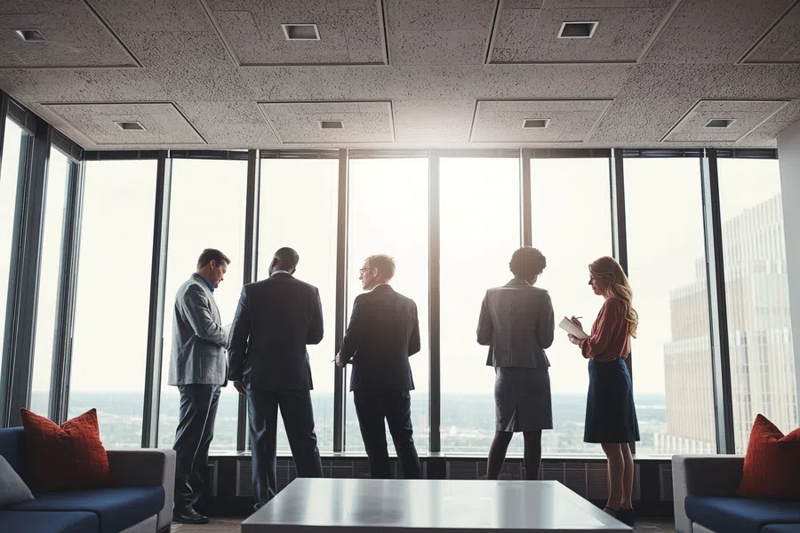Business team in formal attire discussing near large office windows with city skyline view at sunrise.