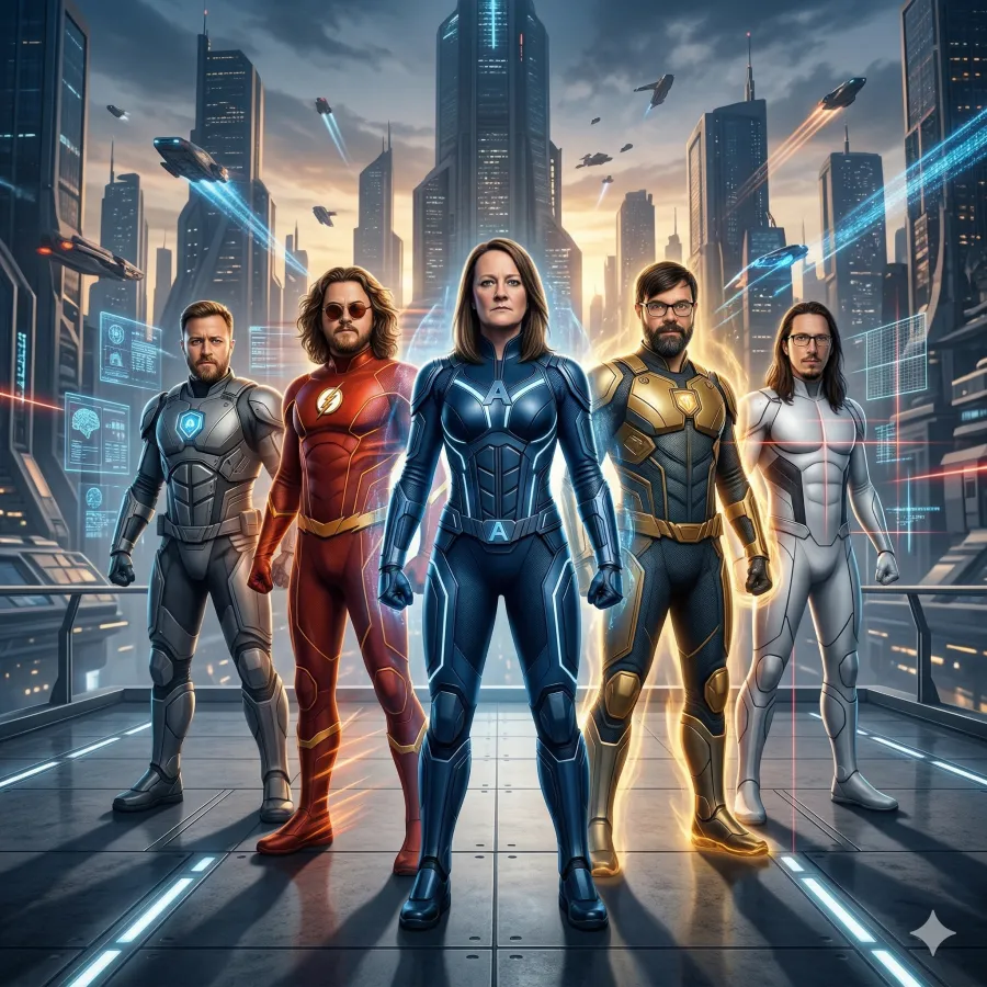 Five futuristic superheroes in armored suits stand confidently in a high-tech cityscape with flying vehicles at sunset.