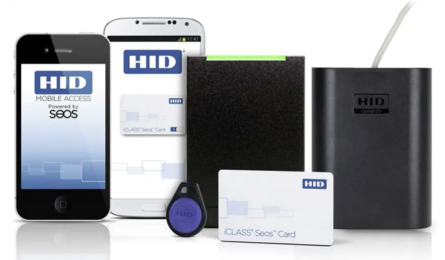 HID security devices including smartphones with mobile access app, key fob, iCLASS Seos card, and readers.