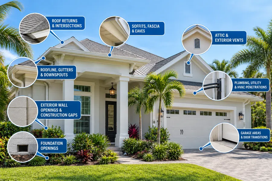 Modern house with labeled key exterior inspection points including roof, gutters, vents, walls, and garage areas.