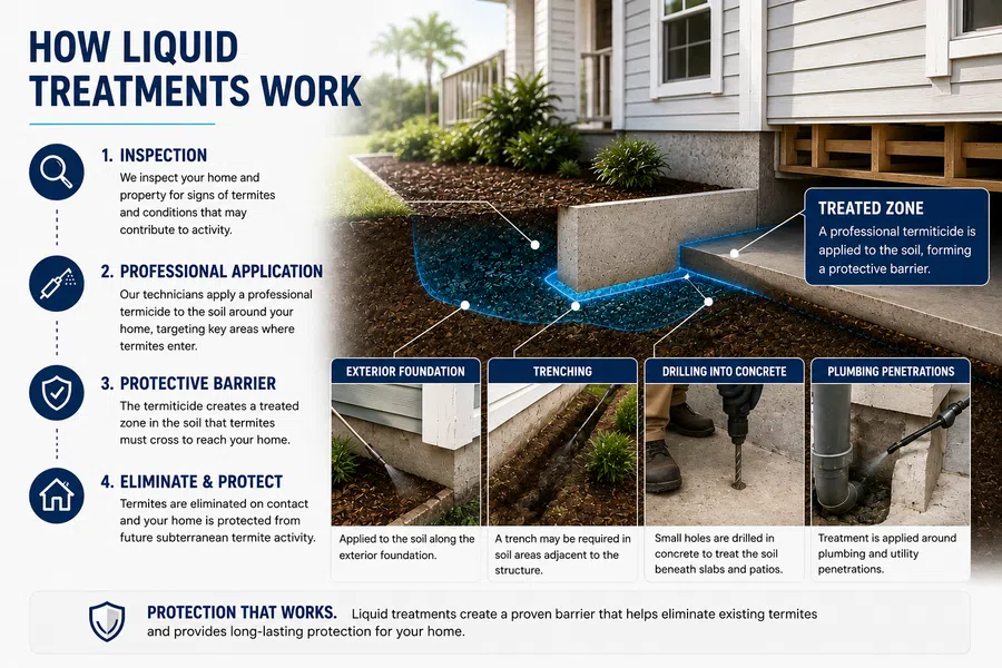 Diagram explaining how liquid termite treatments work with inspection, application, trenching, and protective barriers around a home.