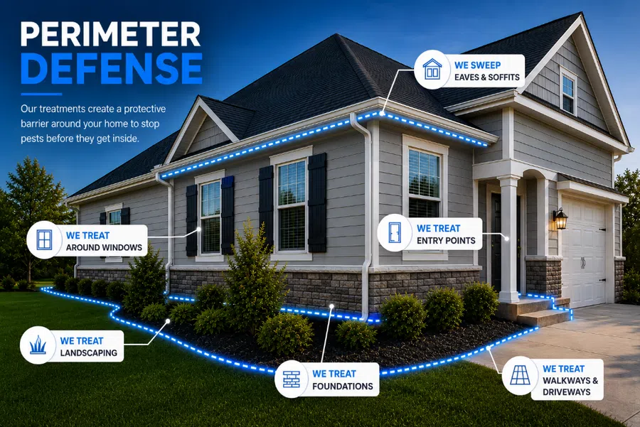 Modern house with highlighted perimeter defense treatment zones to stop pests entering home exterior.