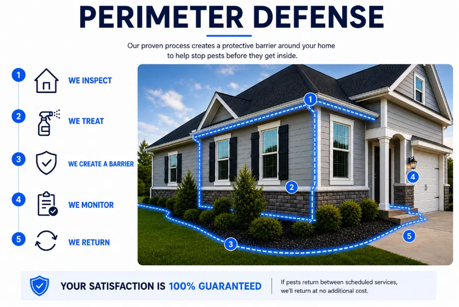 Diagram showing a home's perimeter defense process with inspection, treatment, barrier creation, monitoring, and service return steps.