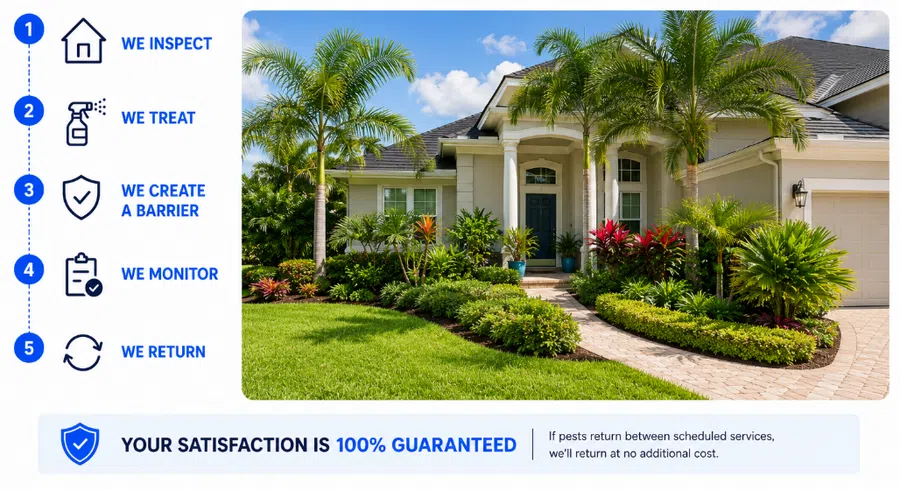 Beautiful house with lush landscaping illustrating pest control process steps and satisfaction guarantee.