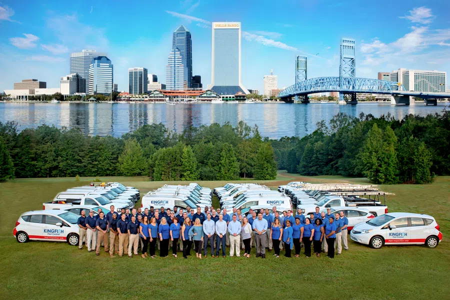 Large team of professionals with branded Kingfih vans and cars against a city skyline and bridge under blue sky.