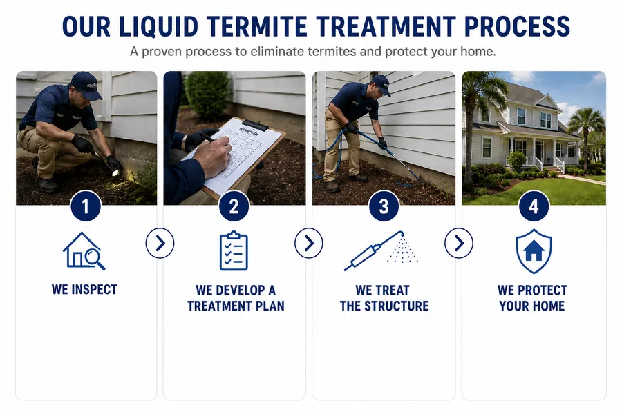 Step-by-step liquid termite treatment process showing inspection, plan development, treatment, and home protection stages.