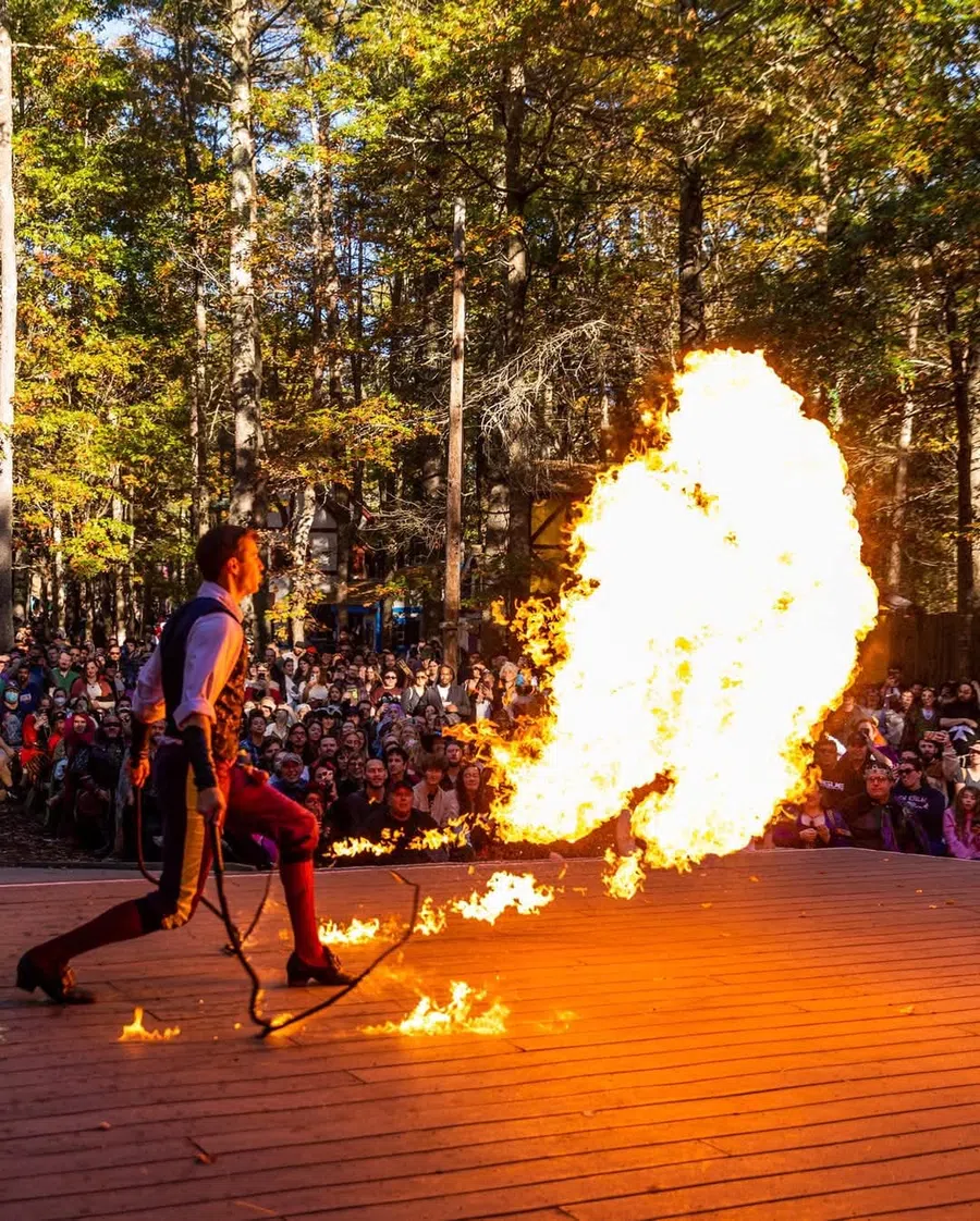 Performer breathing fire on outdoor stage with crowd watching and forest background during daytime.