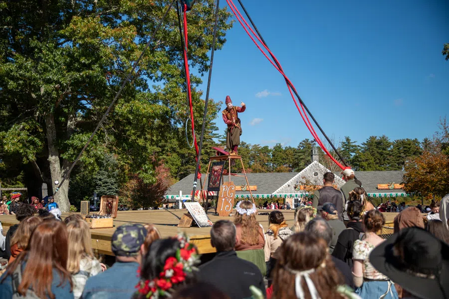 Performer on stilts entertains a crowd at an outdoor festival with trees and buildings in background
