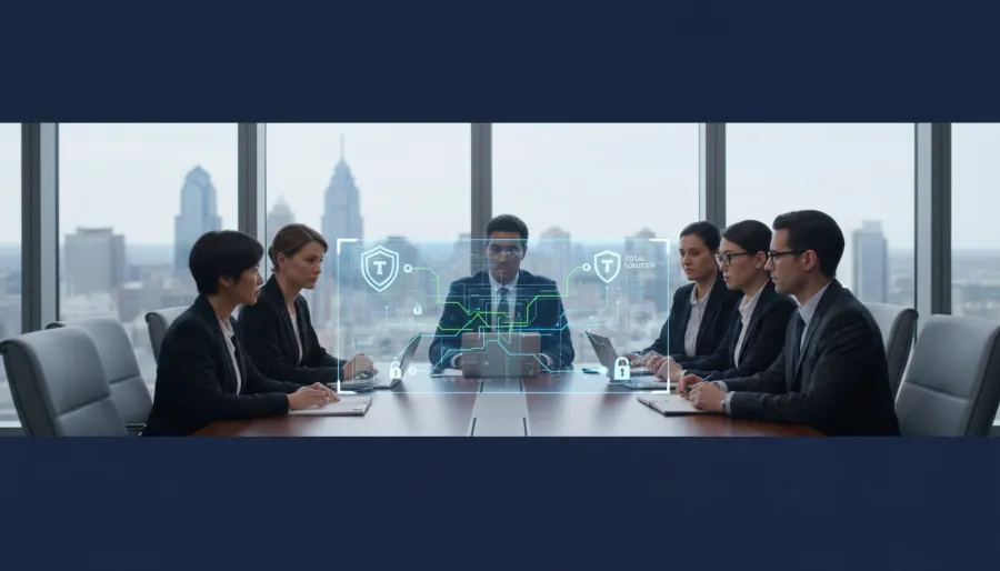 Business team in a modern conference room discussing cybersecurity with digital shield graphics on a screen.