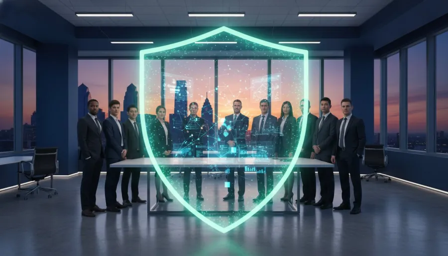 Business team in suits standing behind table with digital shield hologram in modern office at sunset.