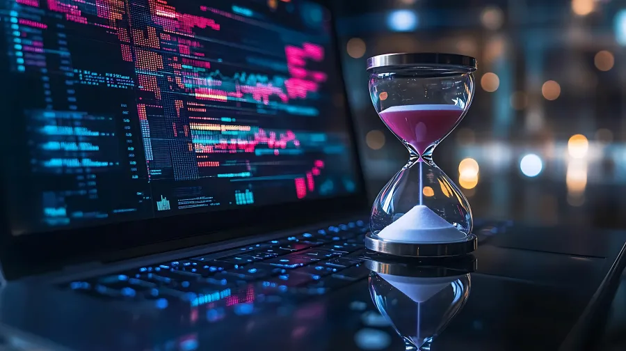 Hourglass on a laptop keyboard with colorful data and code visible on the screen in a dimly lit room.