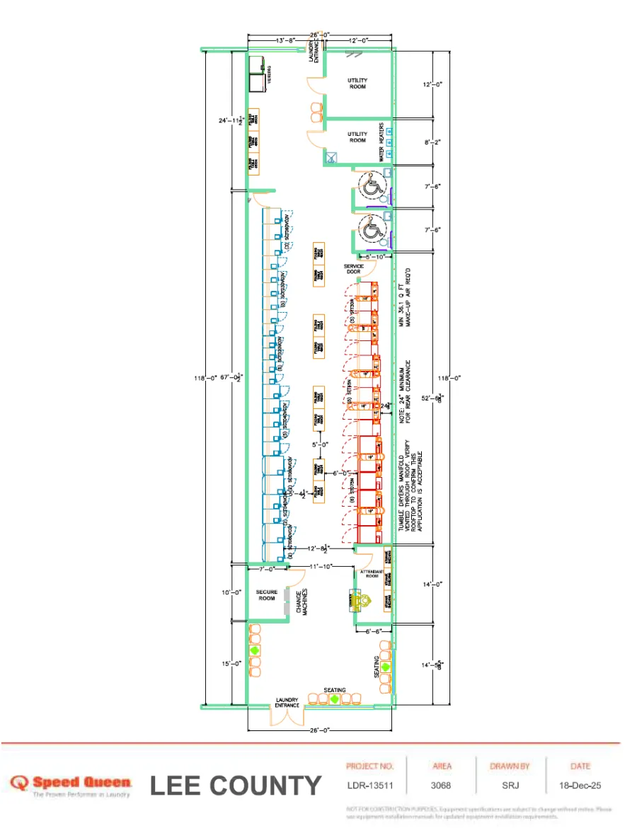 Detailed floor plan of Lee County laundry facility with labeled utility rooms, seating, machines, and entrances.