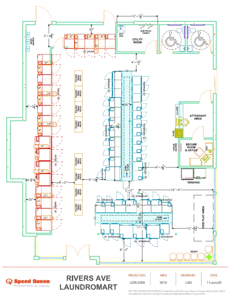 Detailed floor plan of Rivers Ave Laundromart showing washer, dryer layout, utility room, and attendant area.