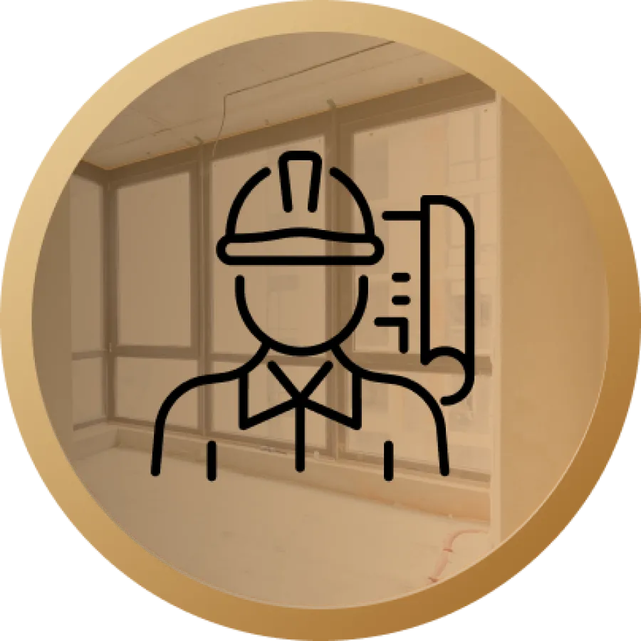 Construction worker icon over empty room with large windows under renovation inside a circular gold frame