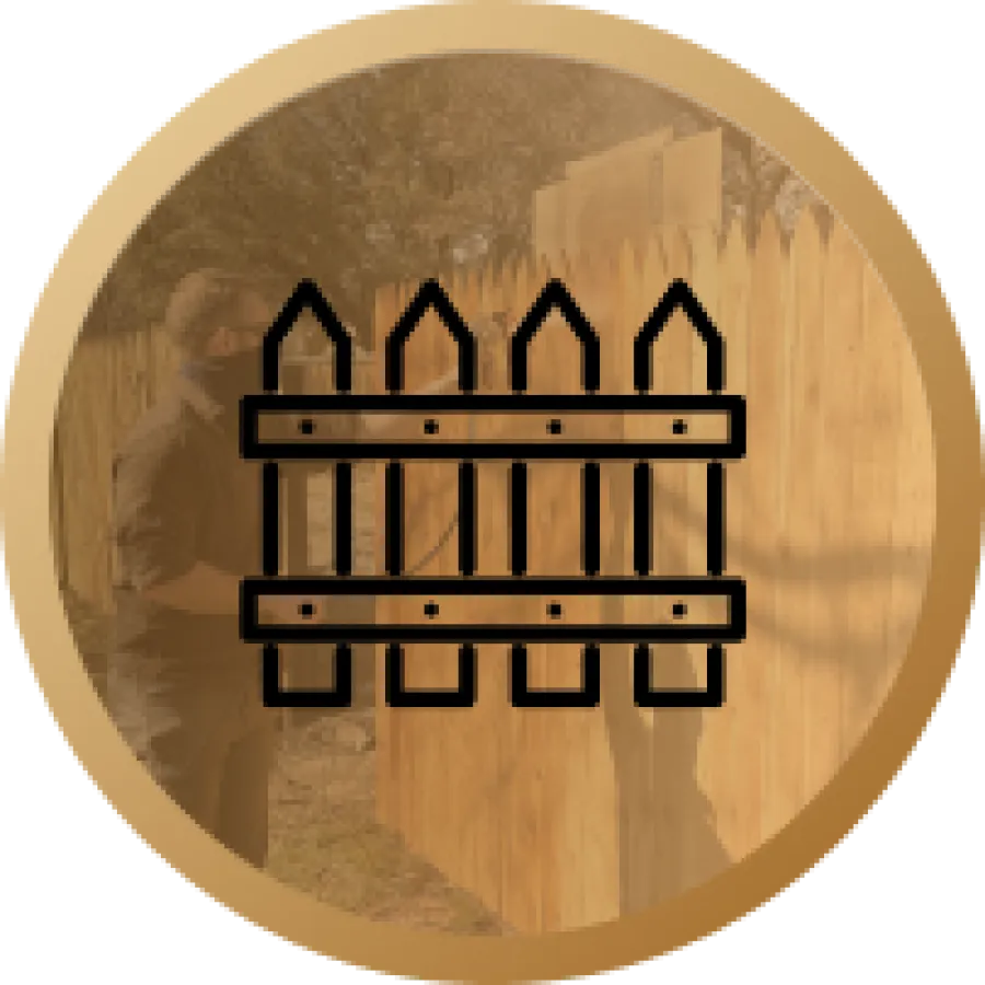 Icon of a wooden fence overlaying photo of person working on a wooden fence outdoors.