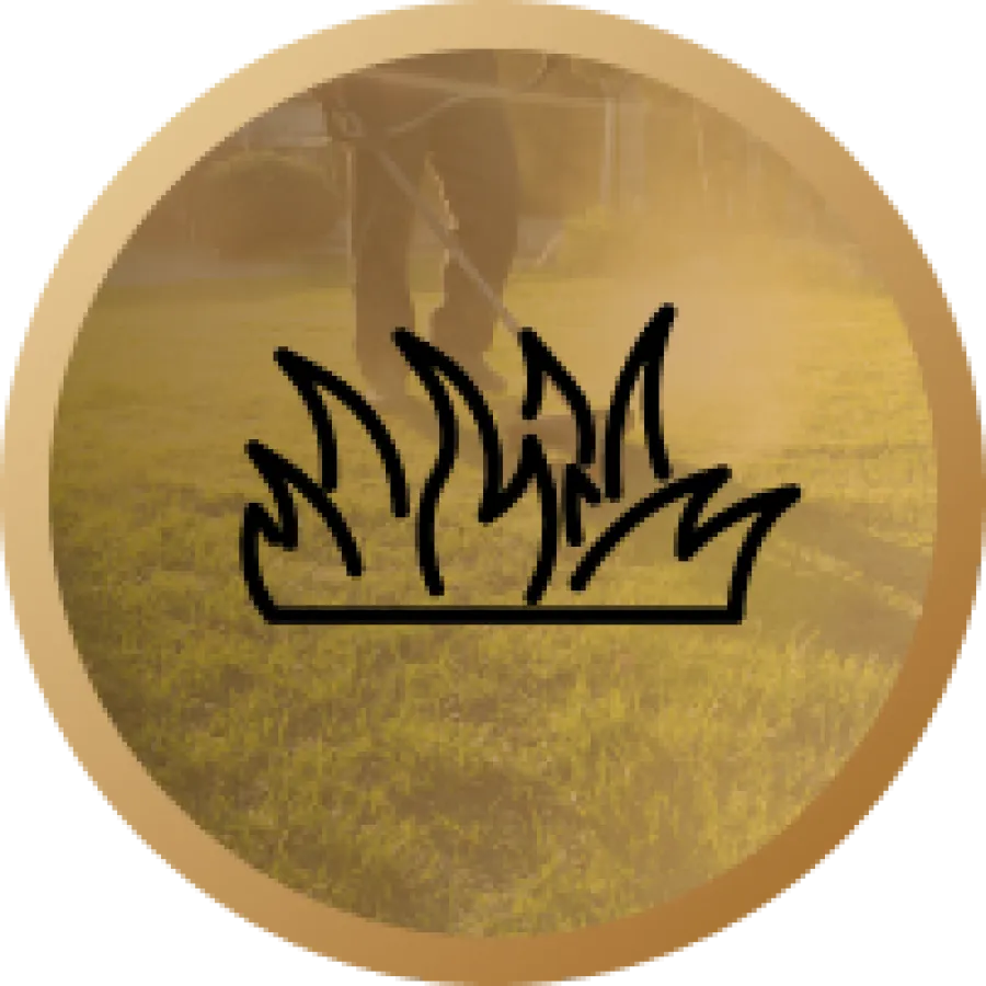 Circle badge with a gradient border showing a stylized flame icon over a person spraying lawn herbicide.