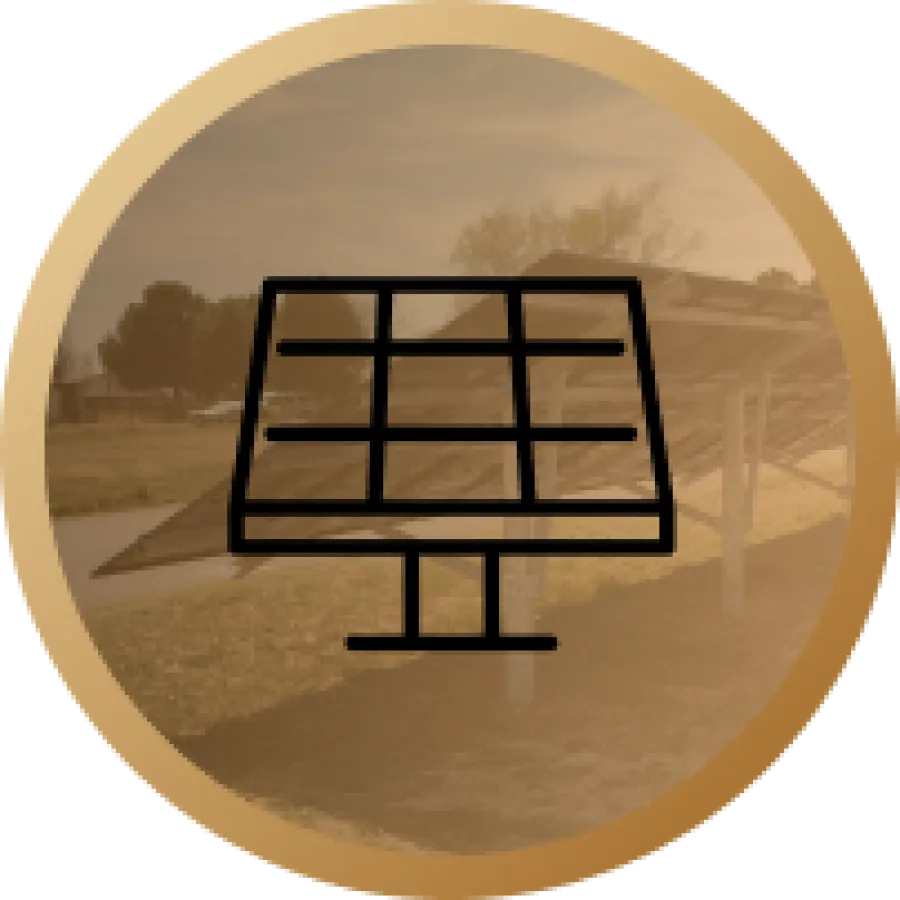 Icon of a solar panel over a blurred background of solar panels in a field during sunset.