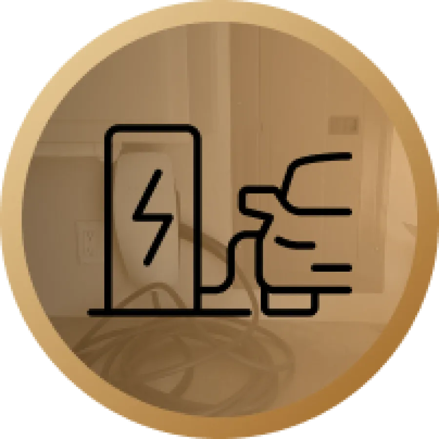 Electric vehicle plugging into a charging station icon over a blurred background with coiled cables.