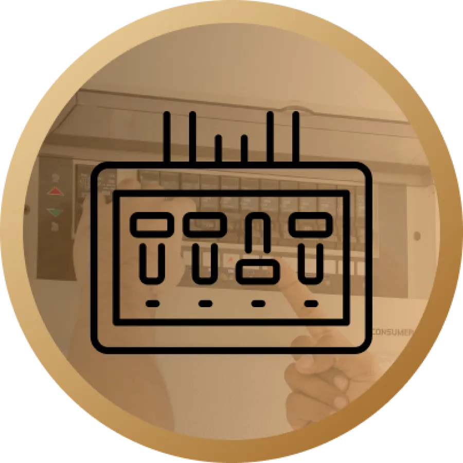 Hands adjusting circuit breakers inside an electrical panel with overlaid icon of circuit breaker switches.