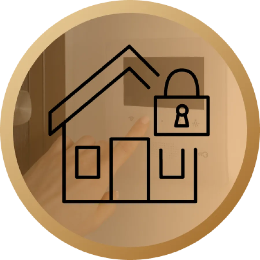 Hand pressing button on home security system with house and lock icon overlay representing protection