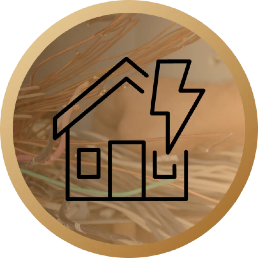 Icon of a house with a lightning bolt, symbolizing home electricity over a background of tangled electrical wires.