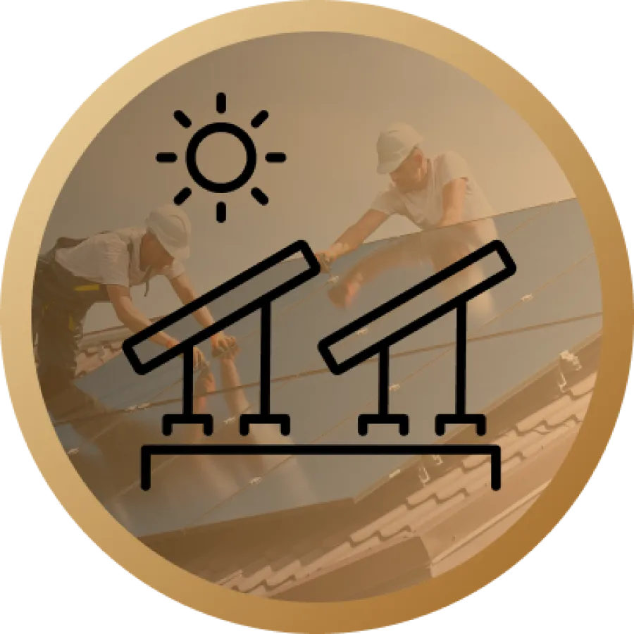 Icon of solar panels with sun overlaying workers installing solar panels on a roof under sunlight.