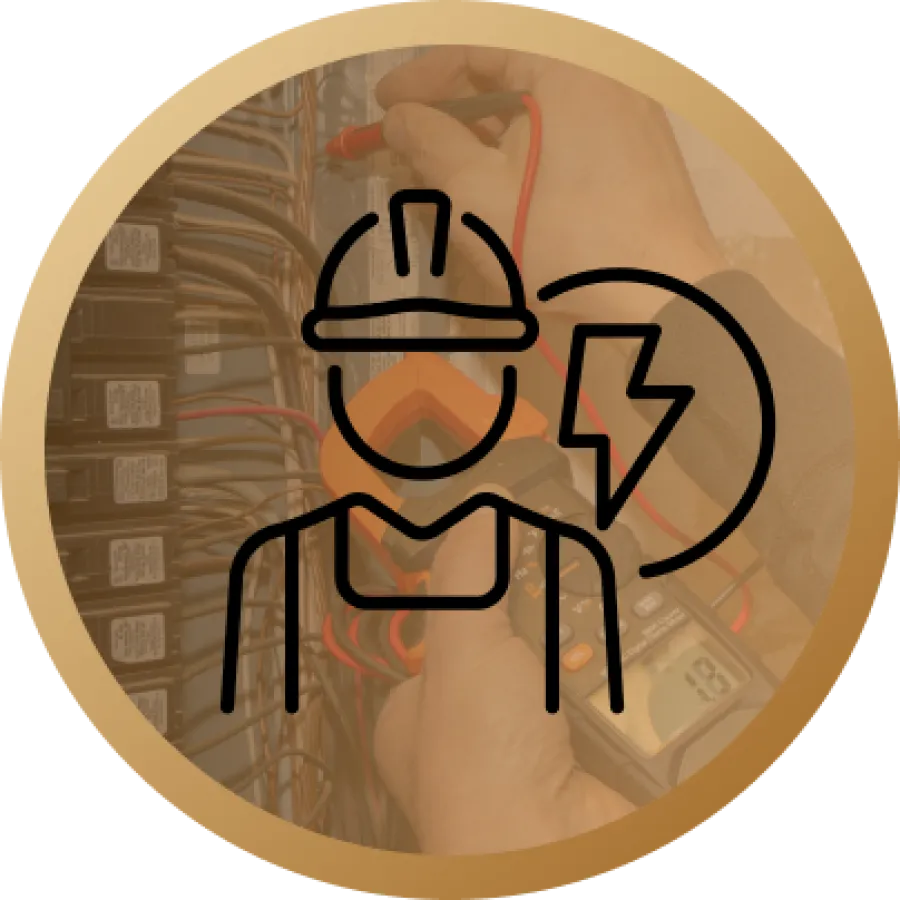 Electrician testing electrical panel wiring with multimeter, symbol of worker and lightning bolt overlaid.