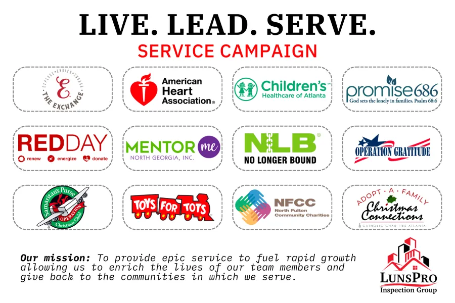 Service campaign featuring logos of nonprofits like American Heart Association, Children's Healthcare, Toys for Tots, and more.