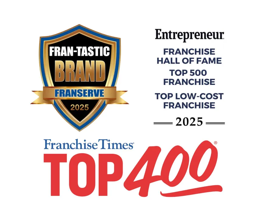 FranServe 2025 Fran-Tastic Brand badge with Entrepreneur and Franchise Times Top Franchise awards