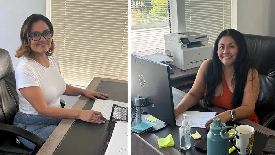 Two women sitting at office desks smiling, working with documents, computers, and office supplies in bright rooms.