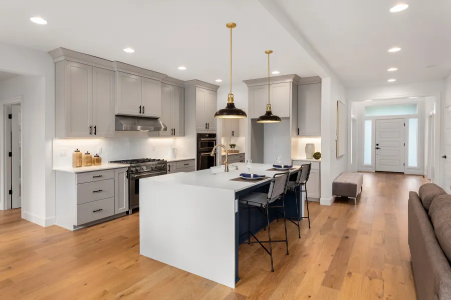 a kitchen with a dining table