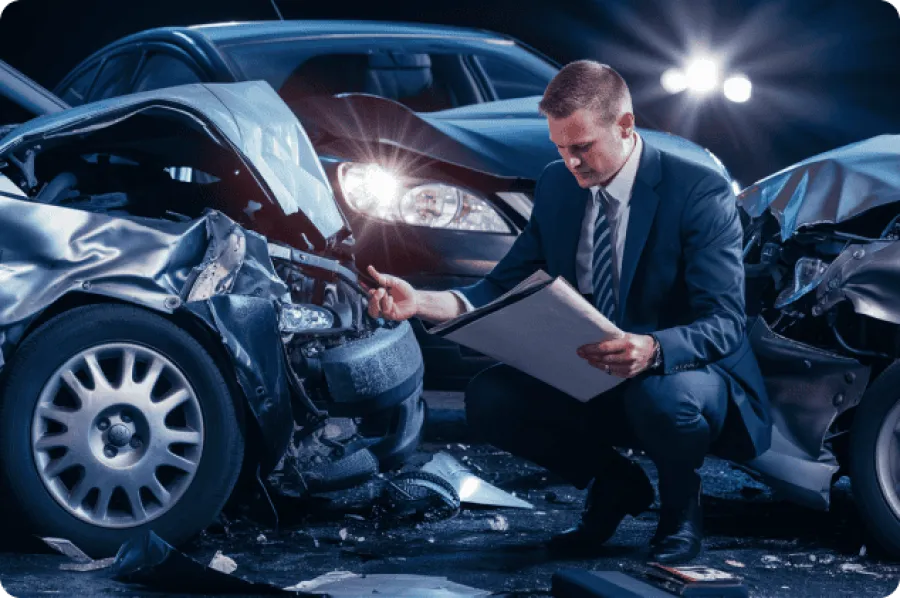 Insurance agent inspecting severe front car accident with damaged vehicles and holding clipboard at night