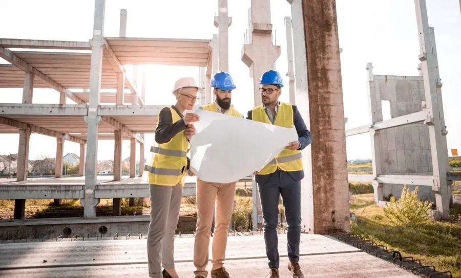 Three construction professionals in safety gear reviewing blueprints at a building site under construction.
