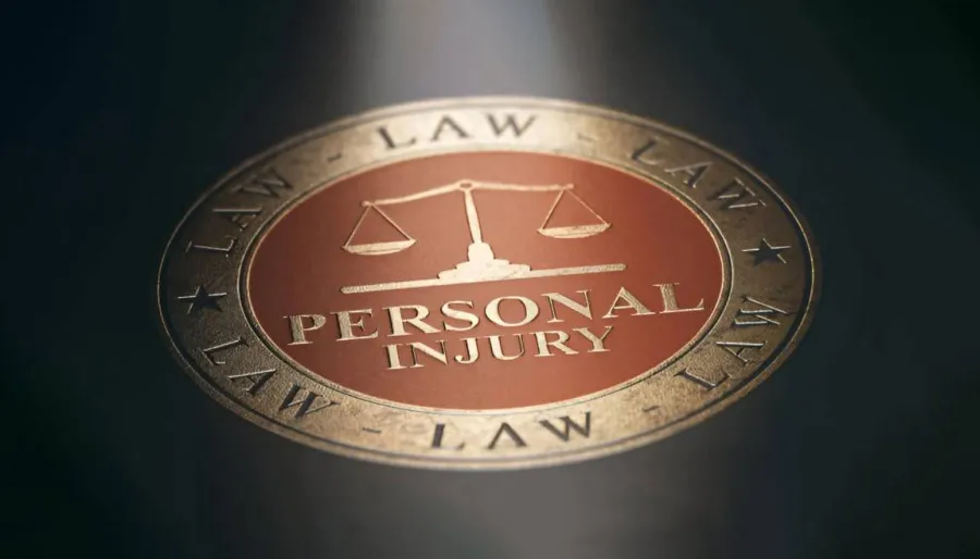 Bronze medallion with scales of justice and 'Personal Injury' text surrounded by 'Law' on dark background.