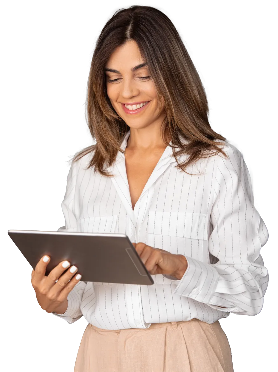 a woman holding a tablet