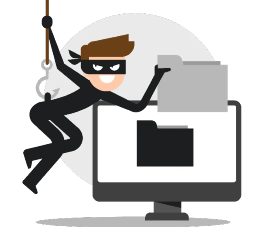 Cartoon thief in black mask stealing digital files from a desktop computer screen.