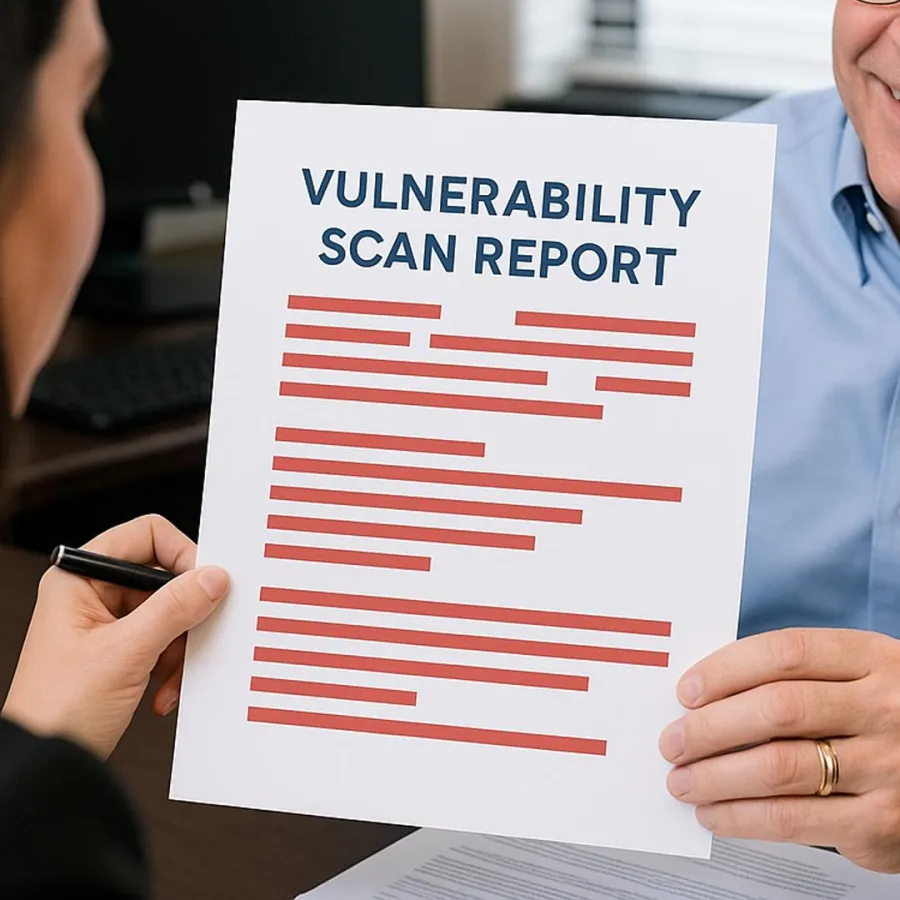 Person holding a vulnerability scan report with redacted text during a discussion in an office setting
