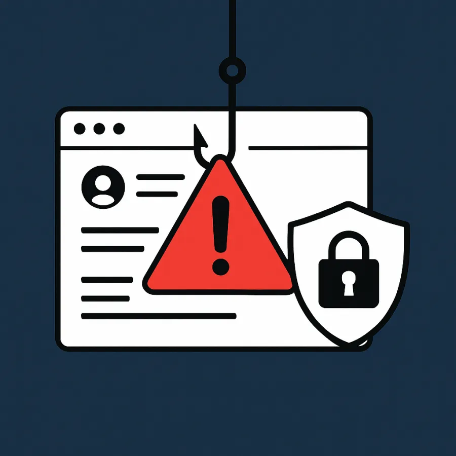 Phishing warning with red alert symbol on a browser window and a security lock shield icon.