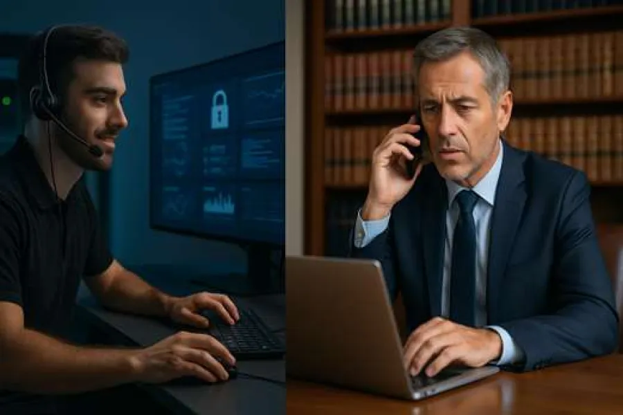 Tech support agent works with headset and computer; businessman in suit talks on phone using laptop in office.
