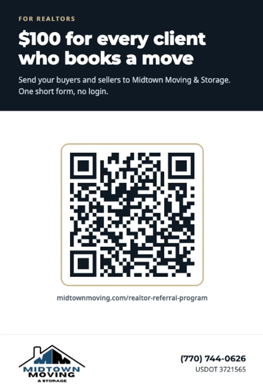Midtown Moving offer $100 per client referral for realtors with QR code and contact details.
