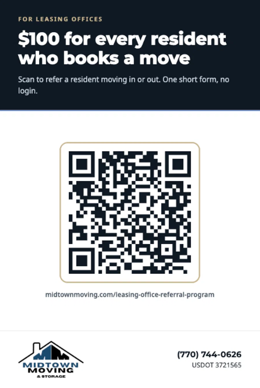 Offer for leasing offices: $100 per resident who books a move, with a QR code and Midtown Moving logo.