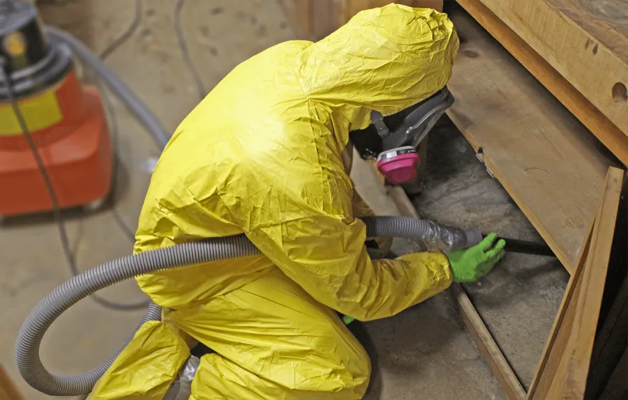 Worker in yellow hazmat suit and mask cleaning under wooden furniture with vacuum hose and green gloves.
