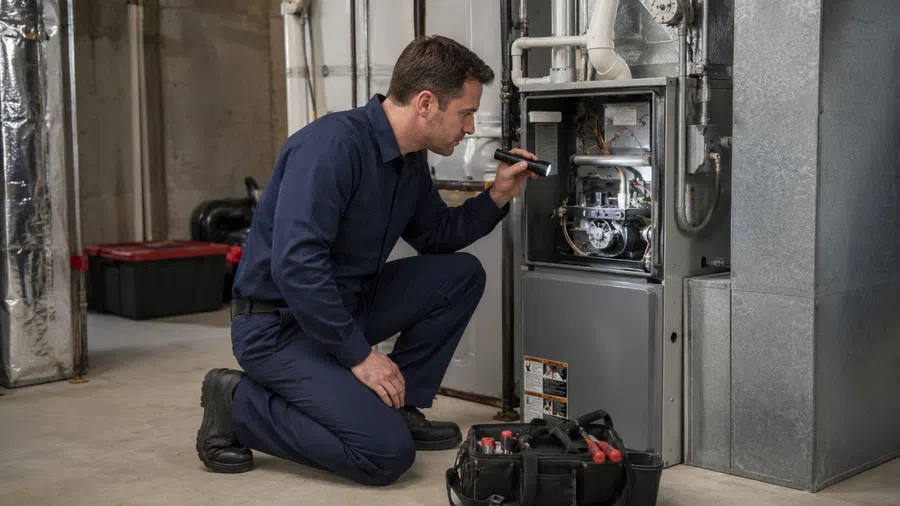 Technician inspecting furnace with flashlight and tools in utility room wearing navy blue uniform kneeling